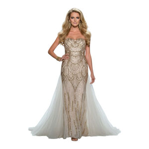 Angel Fashions Size XL Gold Sequin Strapless Tulle Mermaid Gown NWT